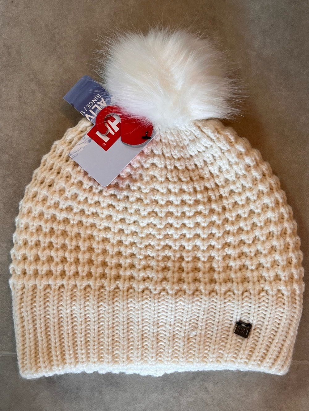 Helly Hansen Cream Ribbed Knit Beanie with Logo Tag